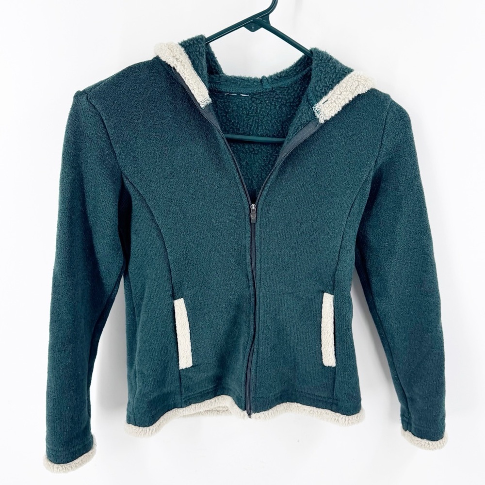 ✅ KUHL‎ GIRLS GREEN FULL ZIP FLEECE HOODED JACKET WITH CREAM TRIM SIZE SMALL